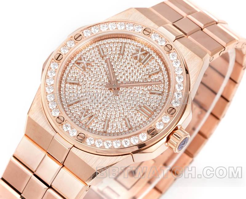 萧邦最佳复刻手表GH厂雪山傲翼41mm镶钻盘钻圈玫瑰金钢带款正面实拍图