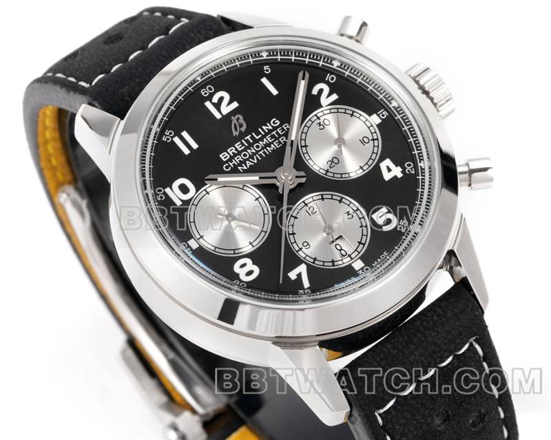 百年灵顶级复刻手表BLS厂越洋黑盘41mm计时7750机芯皮带款正面实拍图