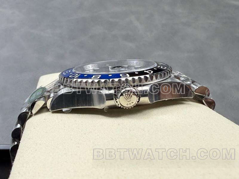 劳力士最佳复刻手表ARF厂格林尼治GMT蓝黑圈3285机芯侧面实拍图