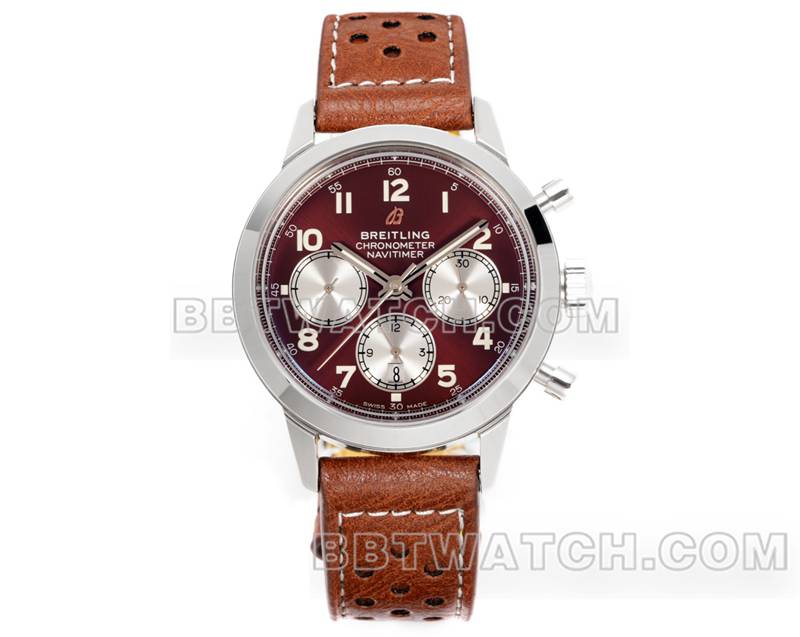百年灵最优复刻手表BLS厂越洋红棕盘41mm计时7750机芯皮带款正面实拍图