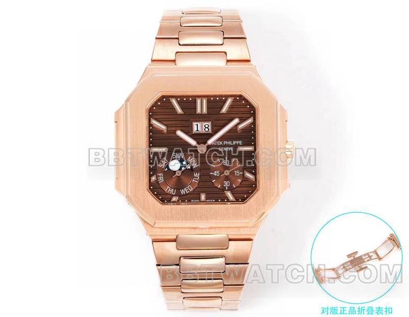 百达翡丽超级克隆手表3k厂45mm棕绿盘240ps机芯玫瑰金钢带款5822正面实拍图
