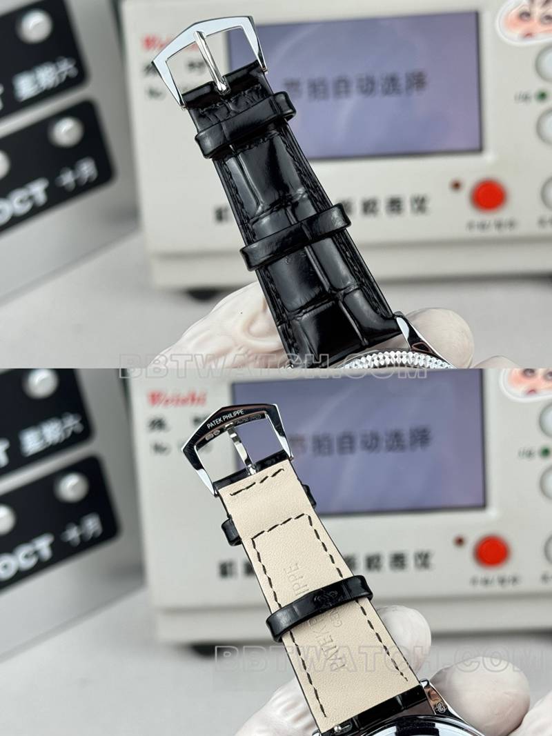 百达翡丽最佳复刻手表SDF厂古典银灰盘钉纹圈39mm皮带款表带实拍图