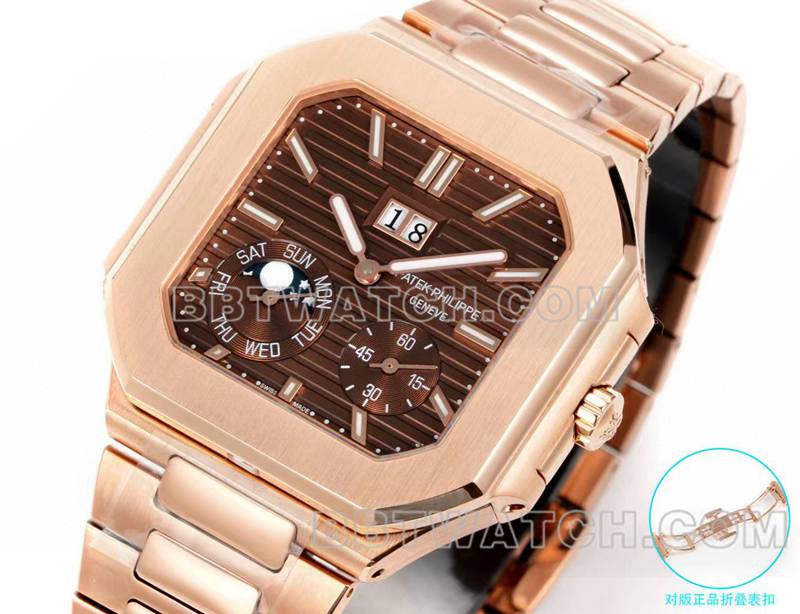 百达翡丽超级克隆手表3k厂45mm棕绿盘240ps机芯玫瑰金钢带款5822正面实拍图