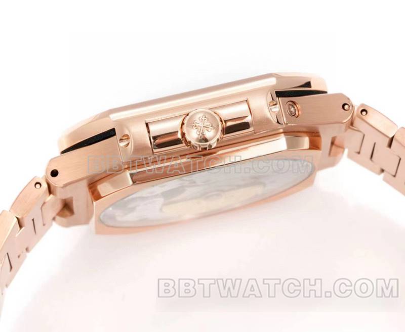 百达翡丽超级克隆手表3k厂45mm棕绿盘240ps机芯玫瑰金钢带款5822侧面实拍图