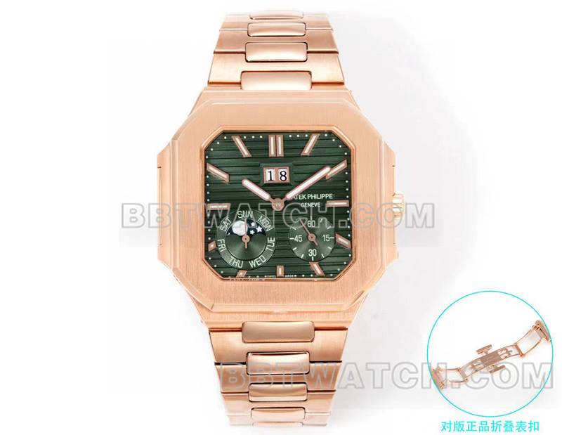百达翡丽超级克隆手表3k厂45mm棕绿盘240ps机芯玫瑰金钢带款5822正面实拍图