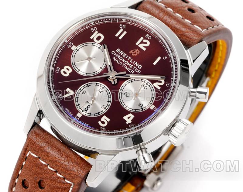 百年灵最优复刻手表BLS厂越洋红棕盘41mm计时7750机芯皮带款正面实拍图