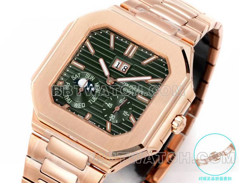 百达翡丽超级克隆手表3k厂45mm棕绿盘240ps机芯玫瑰金钢带款5822正面实拍图