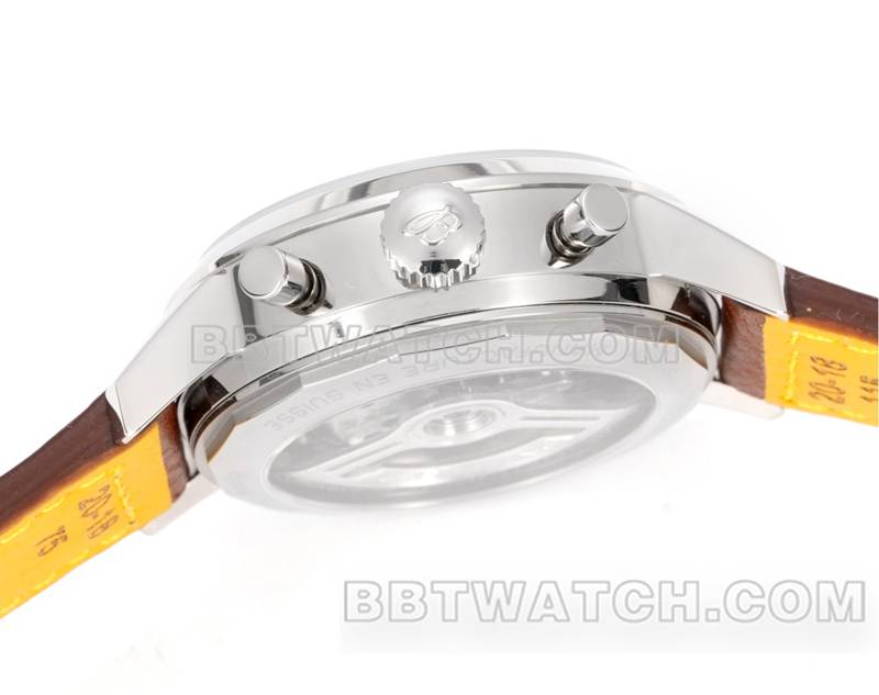 百年灵最优复刻手表BLS厂越洋红棕盘41mm计时7750机芯皮带款侧面实拍图