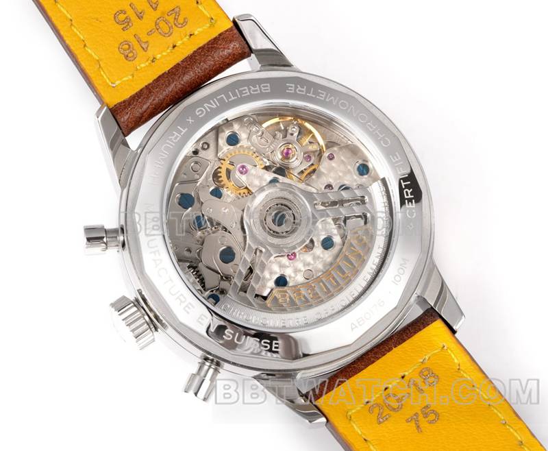 百年灵最优复刻手表BLS厂越洋红棕盘41mm计时7750机芯皮带款背面实拍图