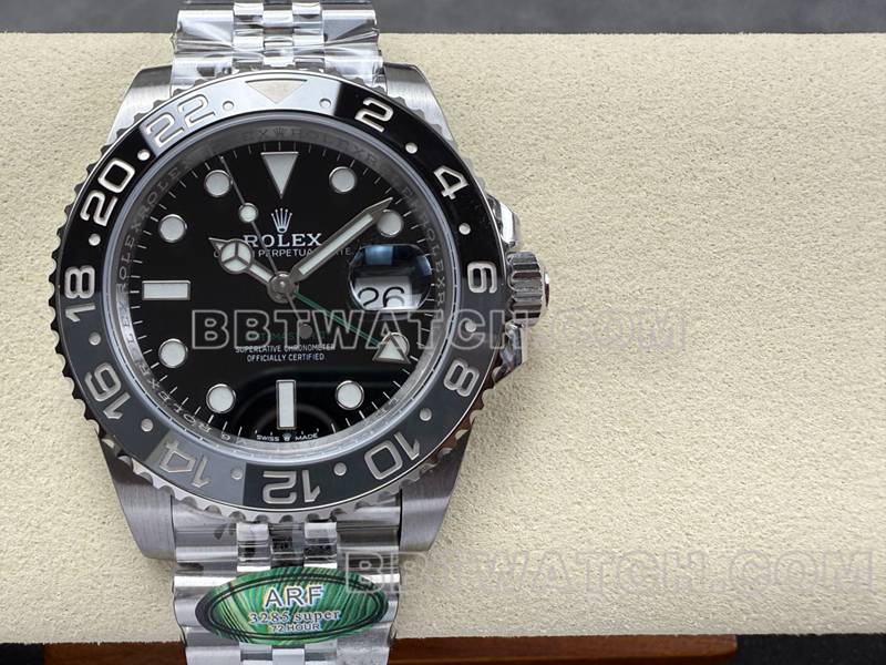 劳力士最优复刻手表ARF厂格林尼治GMT黑灰圈3285机芯正面实拍图