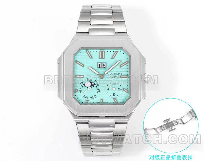 百达翡丽超级克隆手表3k厂45mm蓝盘240ps机芯钢带款5822正面实拍图