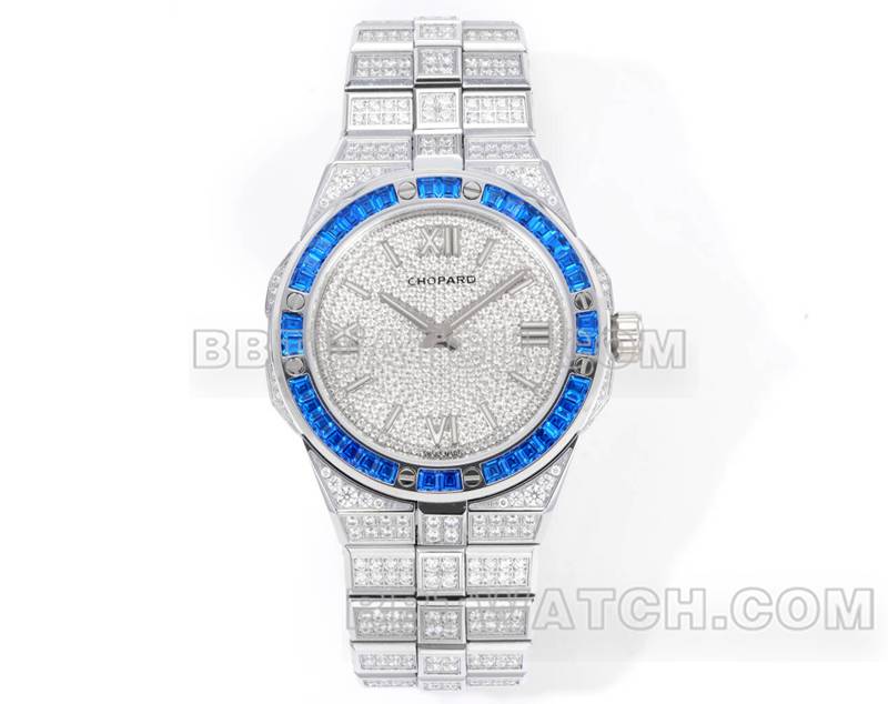 萧邦最优复刻手表GH厂雪山傲翼41mm密镶钻蓝色蓝宝石圈钢带款正面实拍图