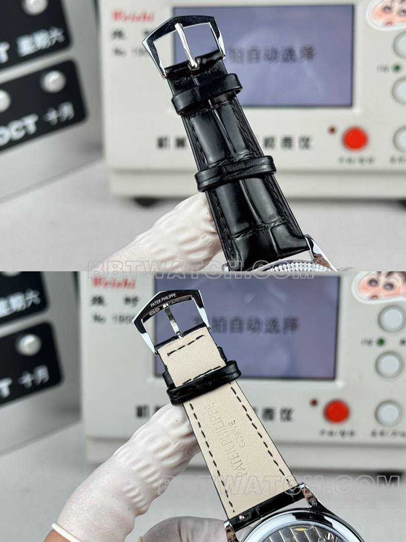 百达翡丽顶级复刻手表SDF厂古典银盘钉纹圈39mm皮带款表带实拍图