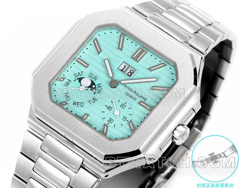 百达翡丽超级克隆手表3k厂45mm蓝盘240ps机芯钢带款5822正面实拍图