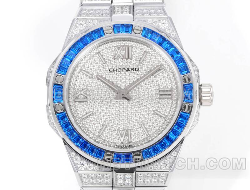 萧邦最优复刻手表GH厂雪山傲翼41mm密镶钻蓝色蓝宝石圈钢带款正面实拍图