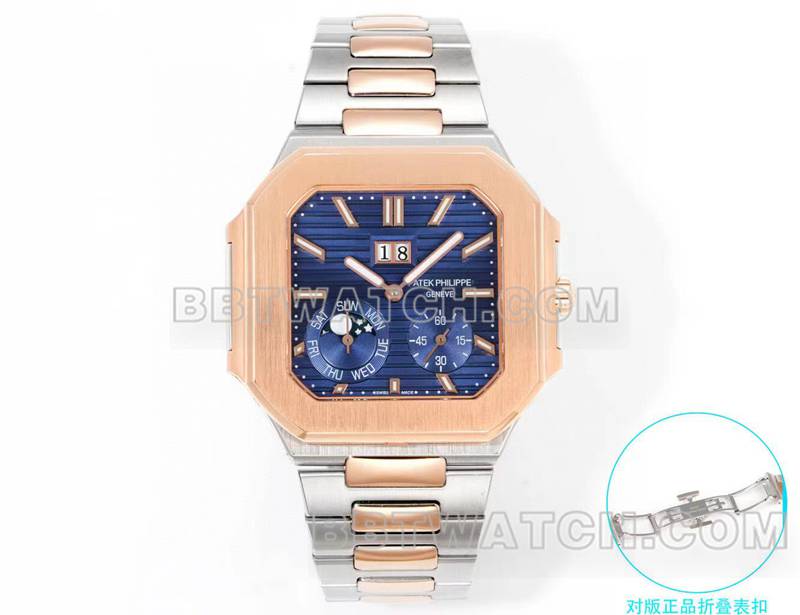 百达翡丽顶级复刻手表3k厂45mm黑蓝盘240ps机芯间金钢带款5822正面实拍图