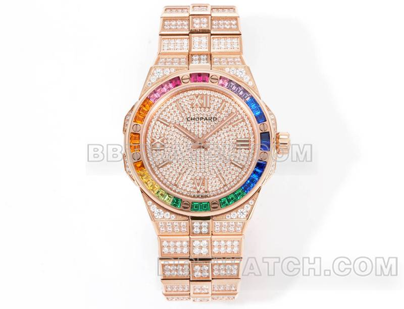 萧邦1:1复刻手表GH厂雪山傲翼41mm密镶钻彩色蓝宝石圈玫瑰金正面实拍图