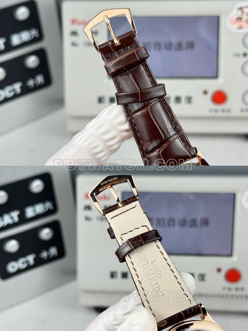 百达翡丽最优复刻手表SDF厂古典银盘钉纹圈玫瑰金壳39mm皮带款表带实拍图