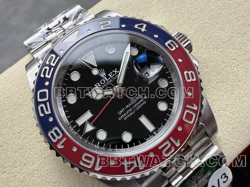 劳力士1:1复刻手表ARF厂格林尼治GMT可乐圈3285机芯正面实拍图