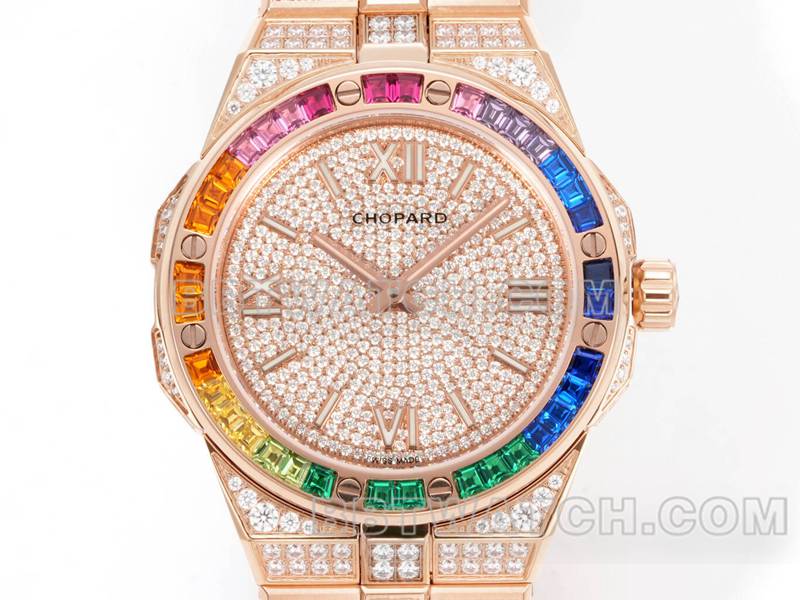萧邦1:1复刻手表GH厂雪山傲翼41mm密镶钻彩色蓝宝石圈玫瑰金正面实拍图