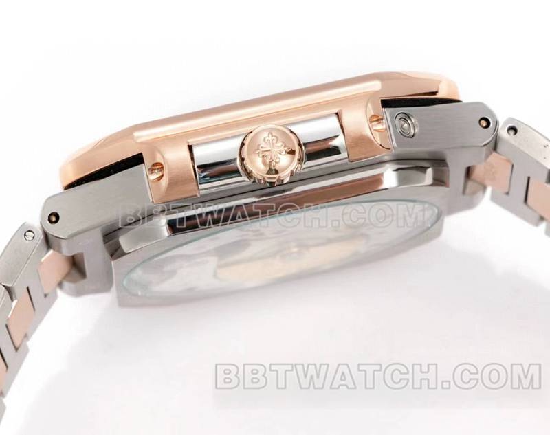 百达翡丽顶级复刻手表3k厂45mm黑蓝盘240ps机芯间金钢带款5822侧面实拍图