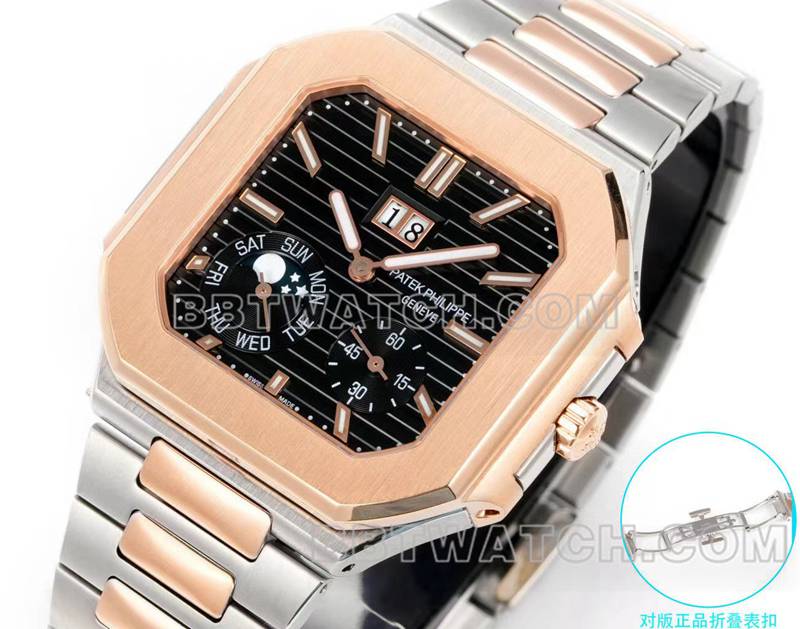 百达翡丽顶级复刻手表3k厂45mm黑蓝盘240ps机芯间金钢带款5822正面实拍图