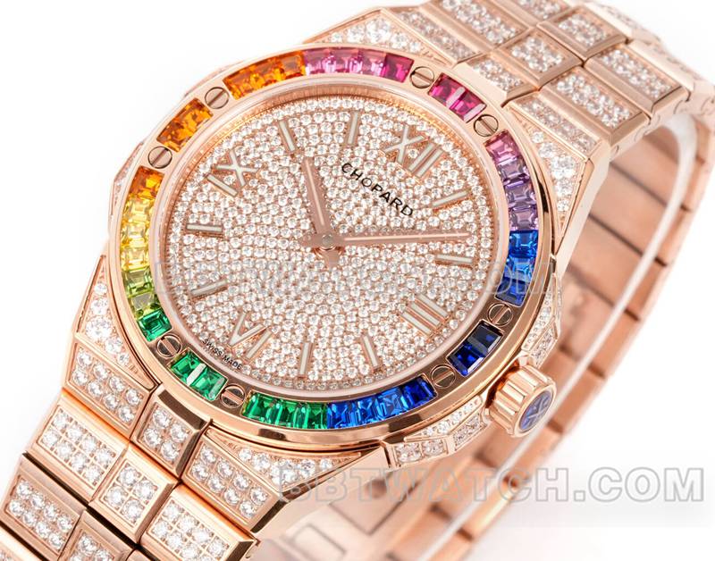 萧邦1:1复刻手表GH厂雪山傲翼41mm密镶钻彩色蓝宝石圈玫瑰金正面实拍图