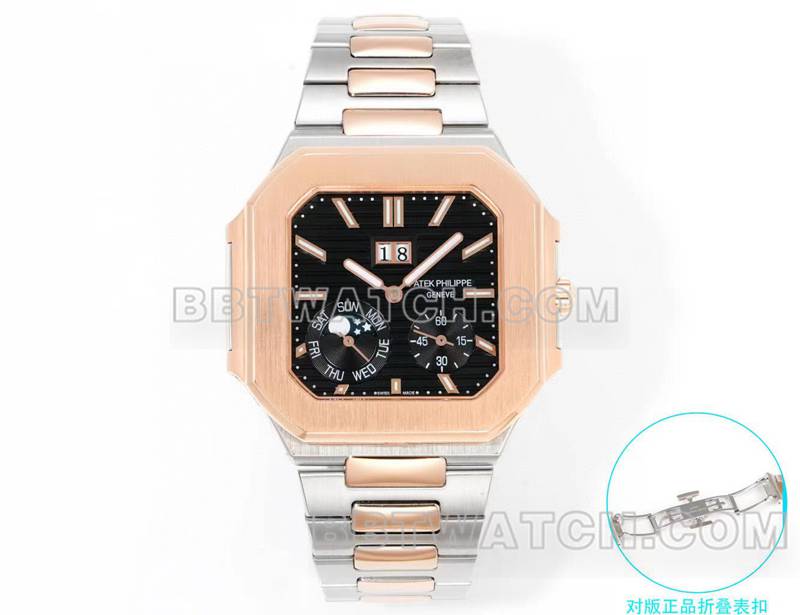 百达翡丽顶级复刻手表3k厂45mm黑蓝盘240ps机芯间金钢带款5822正面实拍图