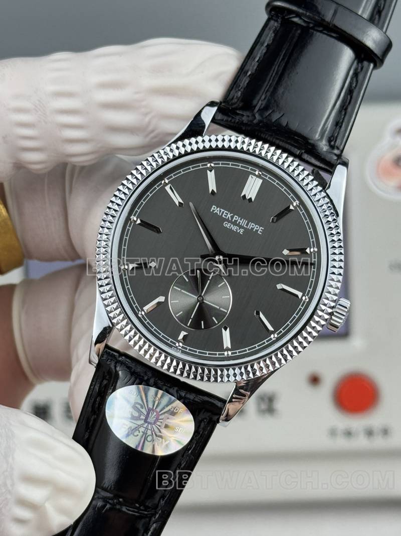 百达翡丽1:1复刻手表SDF厂古典黑盘钉纹圈39mm皮带款正面实拍图