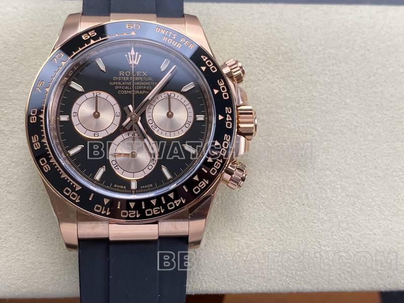 劳力士顶级复刻手表ARF厂迪通拿黑盘玫瑰金4131橡胶款正面实拍图