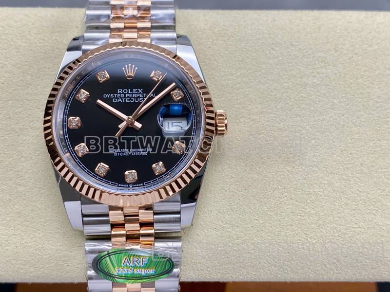 劳力士最优复刻手表ARF厂日志型黑盘36mm间玫瑰金钢带款正面实拍图