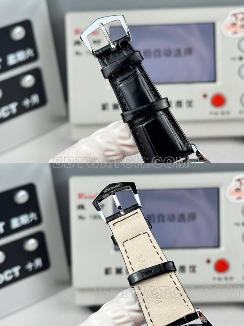 百达翡丽1:1复刻手表SDF厂古典黑盘钉纹圈39mm皮带款表带实拍图