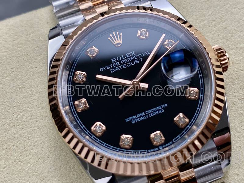 劳力士最优复刻手表ARF厂日志型黑盘36mm间玫瑰金钢带款正面实拍图