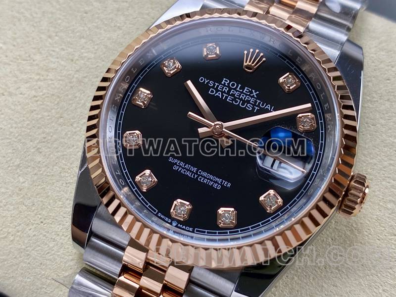 劳力士最优复刻手表ARF厂日志型黑盘36mm间玫瑰金钢带款正面实拍图