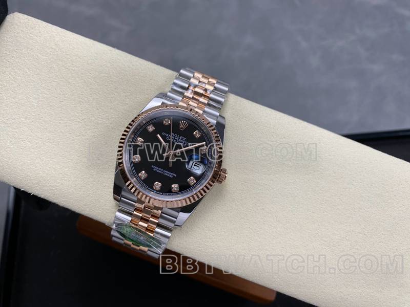 劳力士最优复刻手表ARF厂日志型黑盘36mm间玫瑰金钢带款正面实拍图