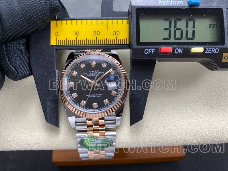 劳力士最优复刻手表ARF厂日志型黑盘36mm间玫瑰金钢带款正面实拍图