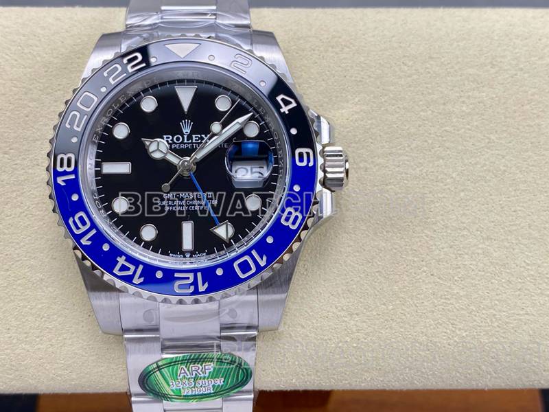 劳力士超级克隆手表ARF厂格林尼治GMT国米圈3285三格链节正面实拍图