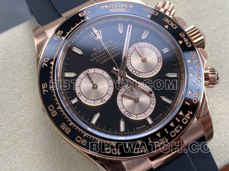 劳力士顶级复刻手表ARF厂迪通拿黑盘玫瑰金4131橡胶款正面实拍图