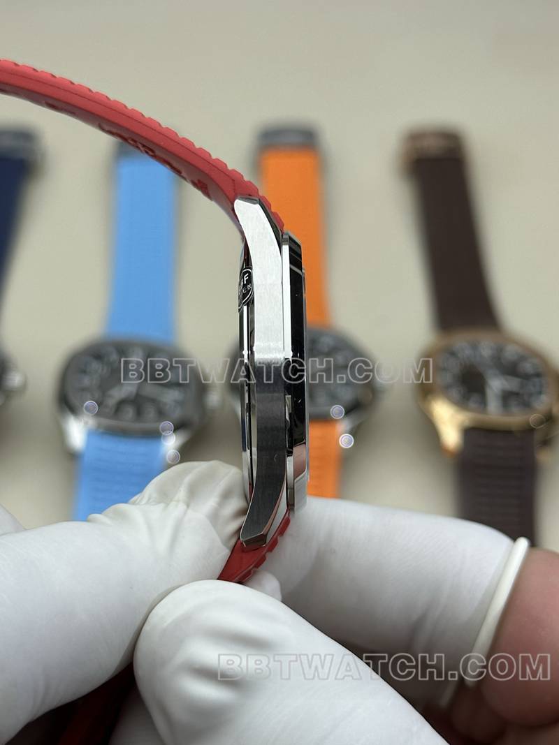 百达翡丽1:1复刻手表BBF厂手雷黑盘红色橡胶款5167A侧面实拍图
