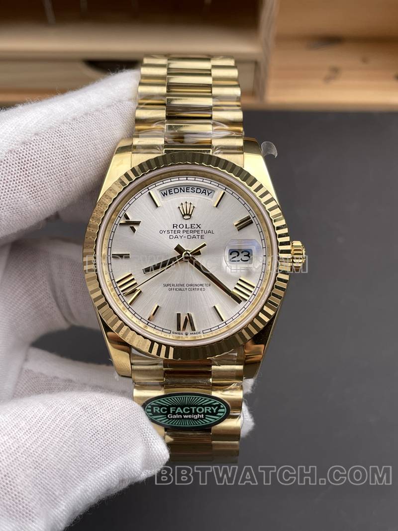 Rolex top replica watches RC factory week calendar 40mm silver plate 3255 gold steel belt models front real picture