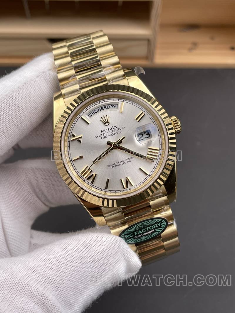 Rolex top replica watches RC factory week calendar 40mm silver plate 3255 gold steel belt models front real picture