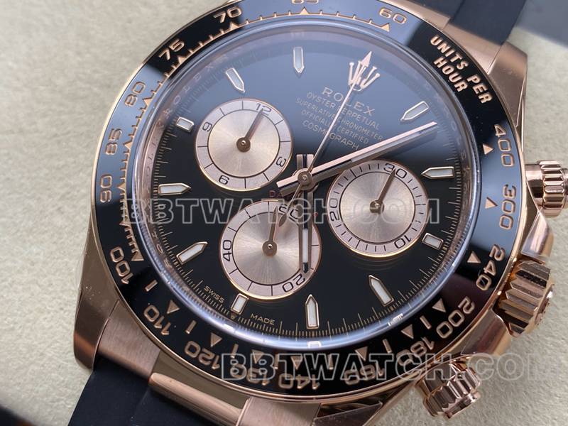 劳力士顶级复刻手表ARF厂迪通拿黑盘玫瑰金4131橡胶款正面实拍图