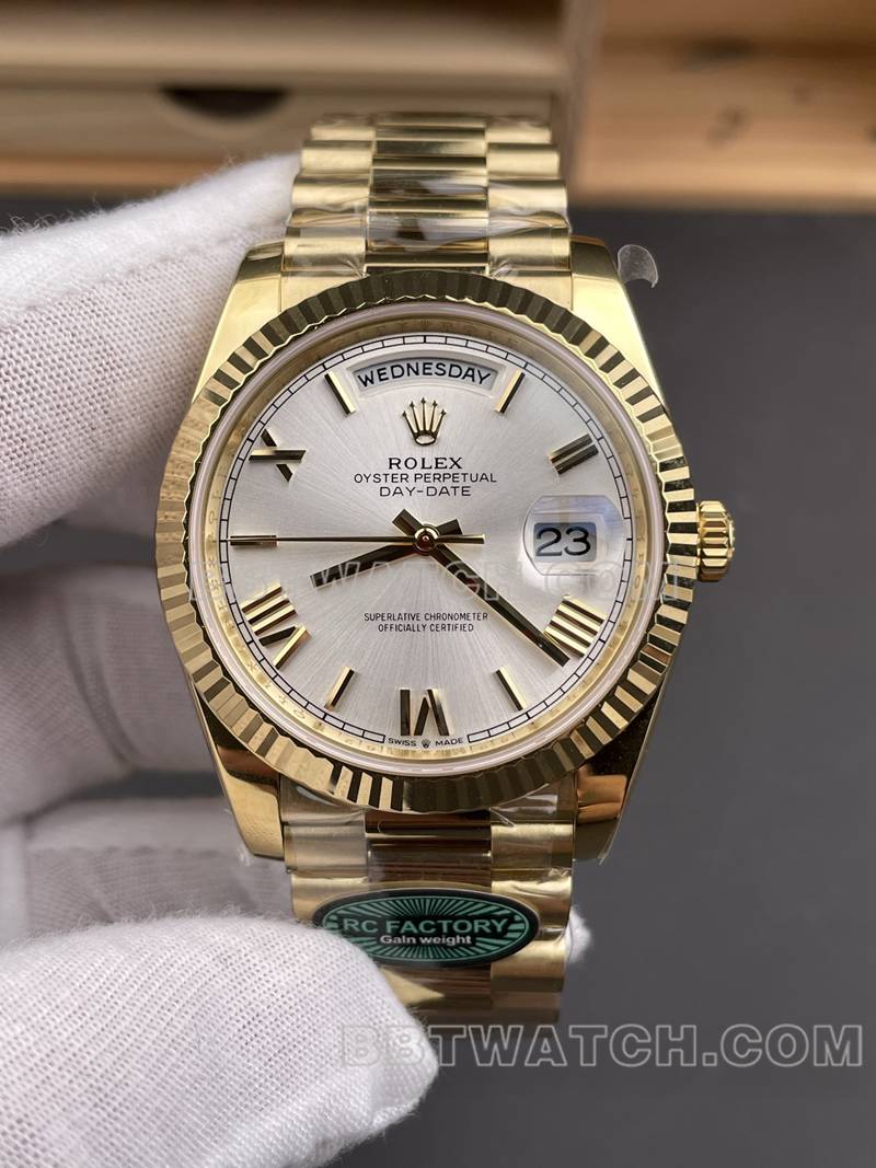 Rolex top replica watches RC factory week calendar 40mm silver plate 3255 gold steel belt models front real picture