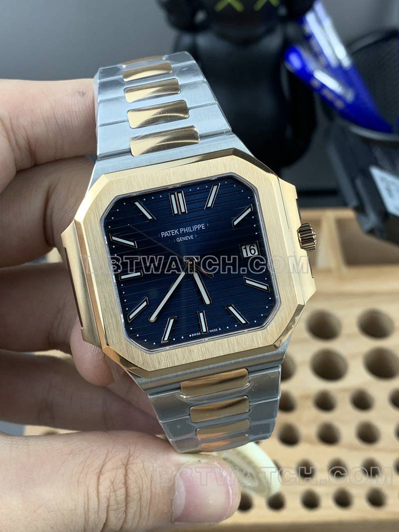 百达翡丽最佳复刻手表PPF厂Cubitus蓝盘45MM间金钢带款5821正面实拍图