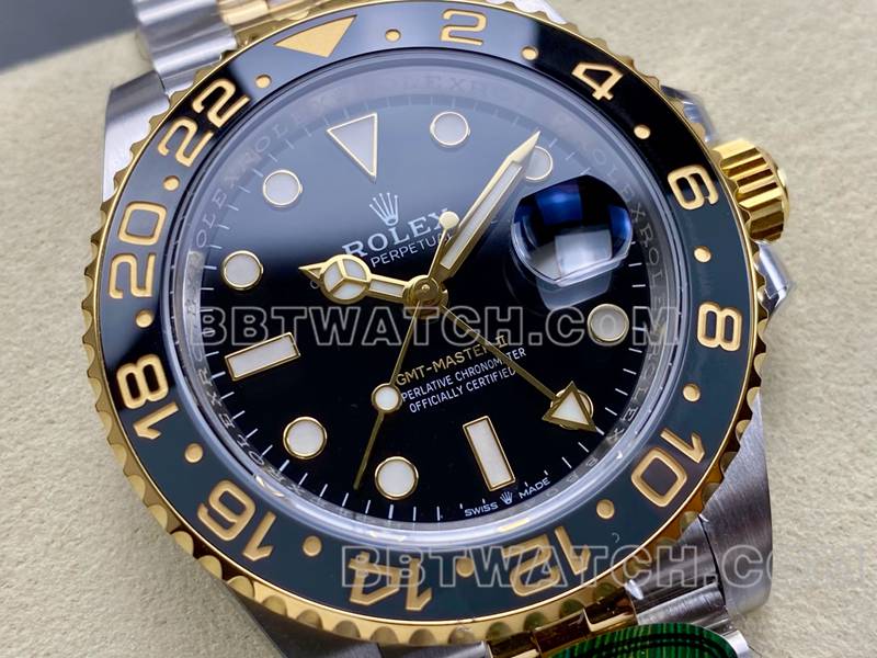 劳力士顶级复刻手表ARF厂格林尼治GMT黑盘3285间金钢带款正面实拍图