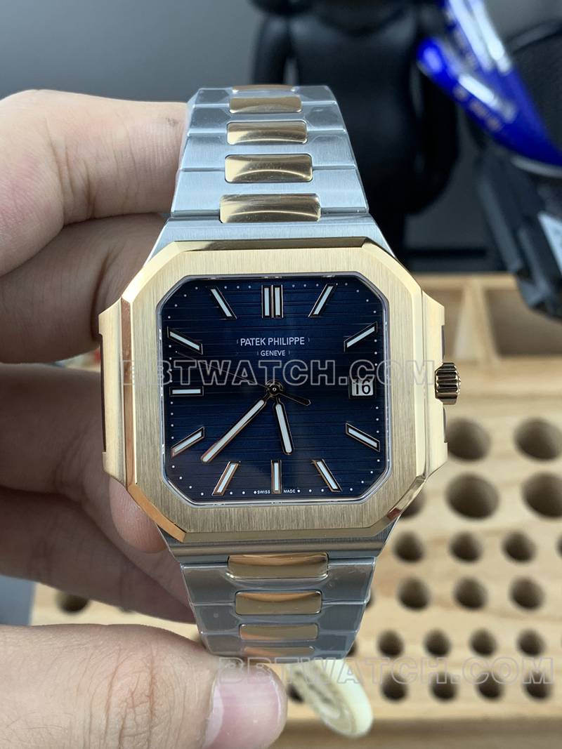 百达翡丽最佳复刻手表PPF厂Cubitus蓝盘45MM间金钢带款5821正面实拍图