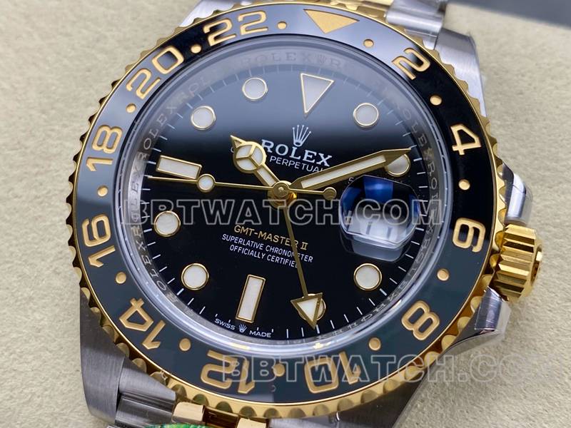 劳力士顶级复刻手表ARF厂格林尼治GMT黑盘3285间金钢带款正面实拍图