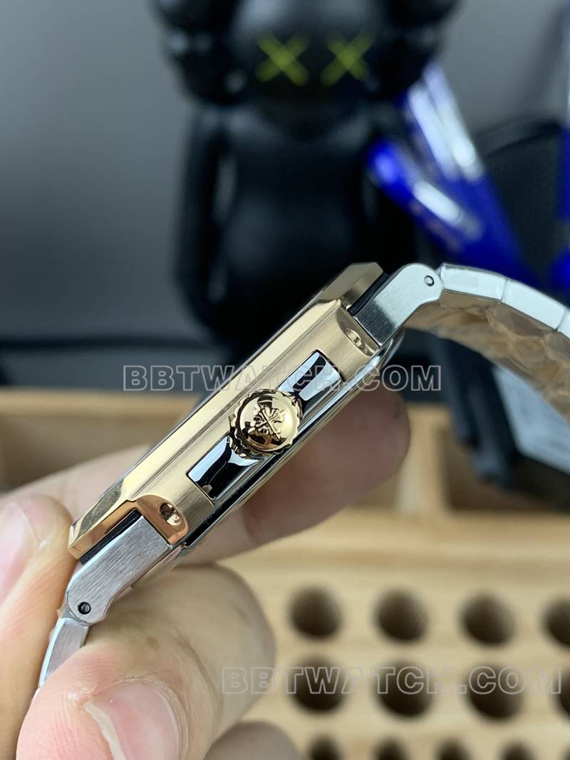 百达翡丽最佳复刻手表PPF厂Cubitus蓝盘45MM间金钢带款5821侧面实拍图