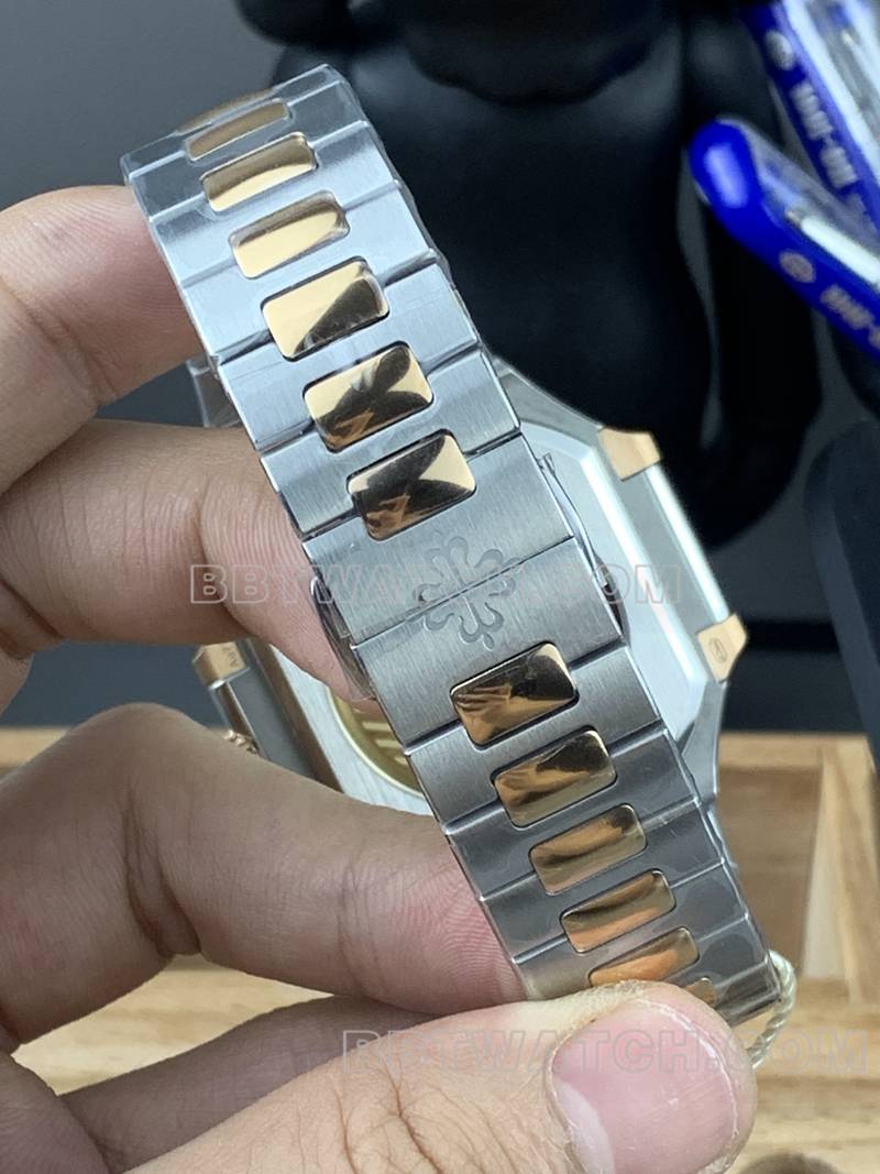 百达翡丽最佳复刻手表PPF厂Cubitus蓝盘45MM间金钢带款5821表带实拍图