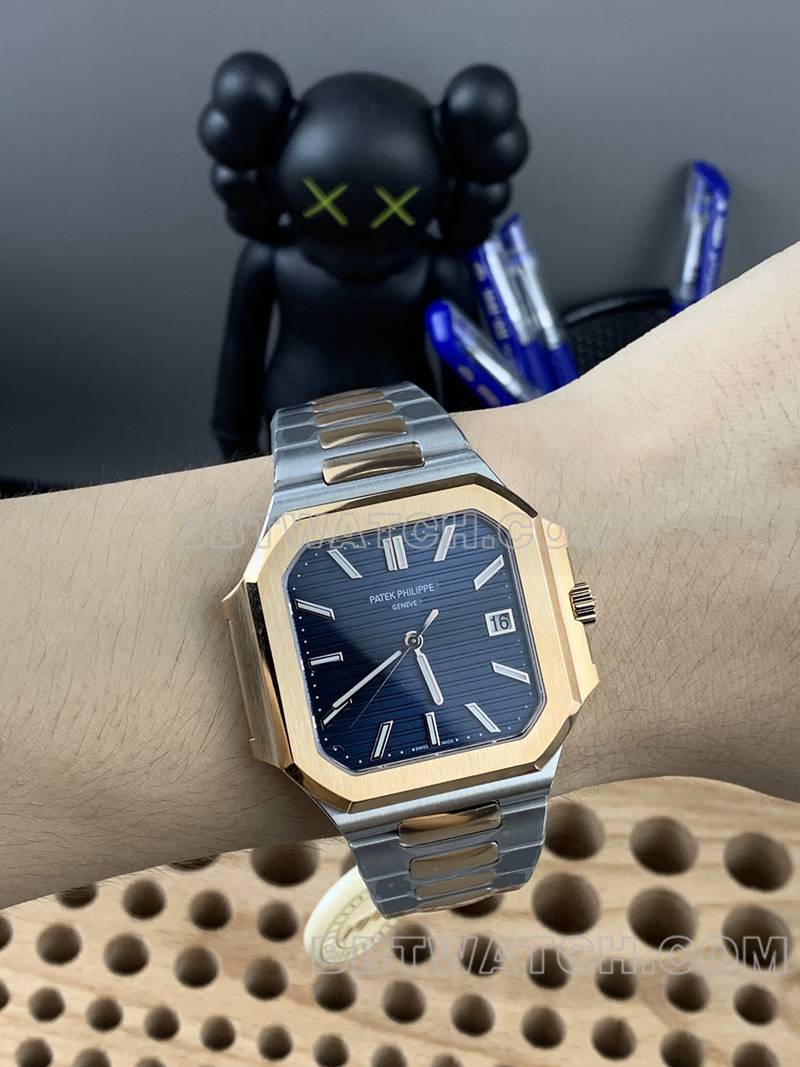 百达翡丽最佳复刻手表PPF厂Cubitus蓝盘45MM间金钢带款5821正面实拍图